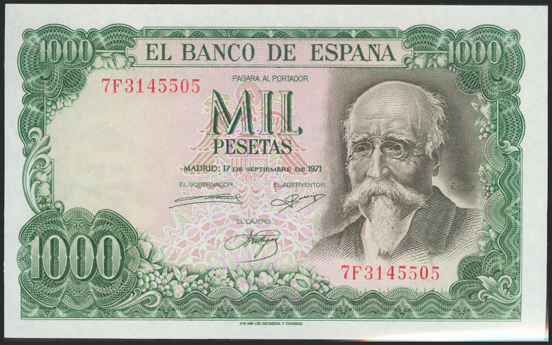 1000 Pesetas. 17 de Septiembre de 1971. Serie 7F. (Edifil 2021: 474c). Apresto o...