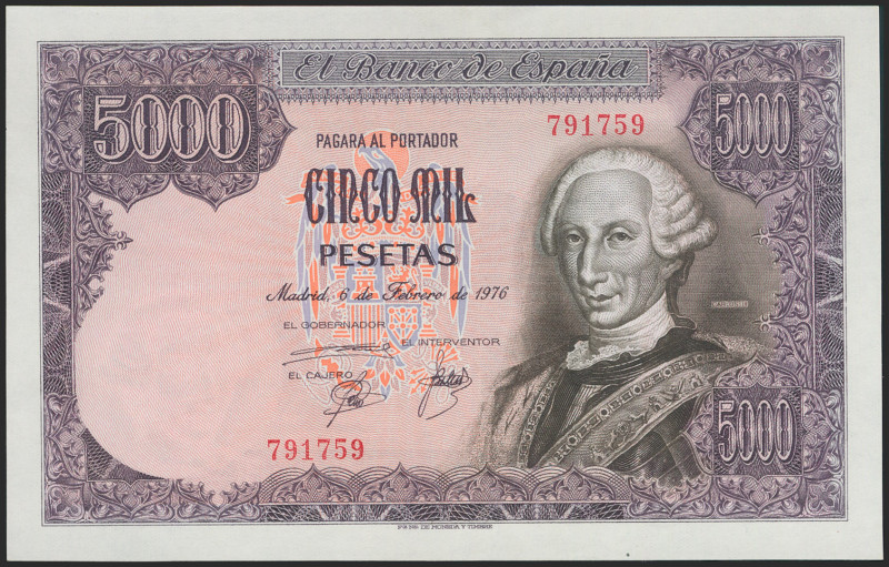 5000 Pesetas. 6 de Febrero de 1976. Sin serie. (Edifil 2021: 475). EBC+.