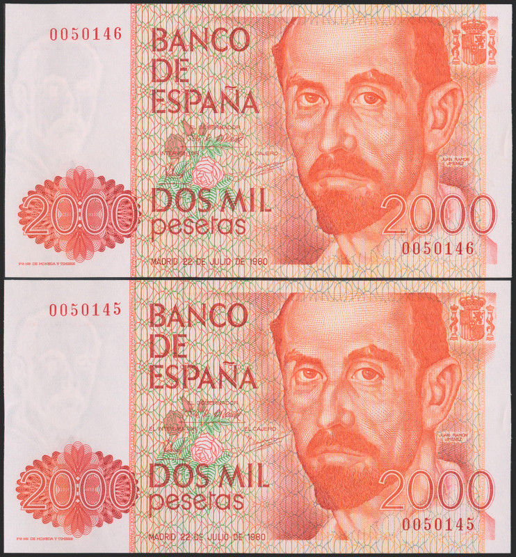 2000 Pesetas. 22 de Julio de 1980. Pareja correlativa. Sin serie y numeración mu...