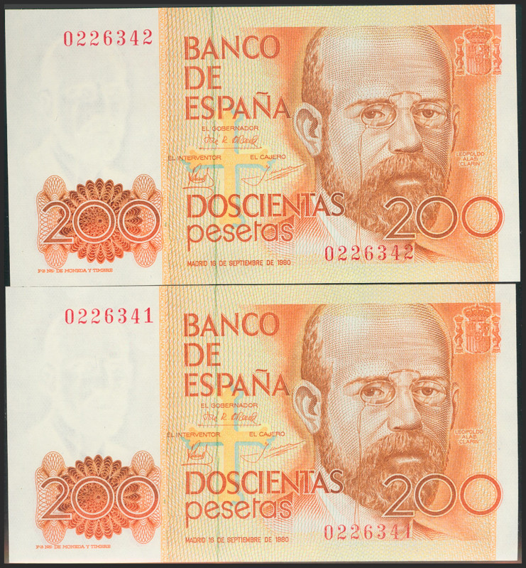 200 Pesetas. 16 de Septiembre de 1980. Pareja correlativa. Sin serie. (Edifil 20...