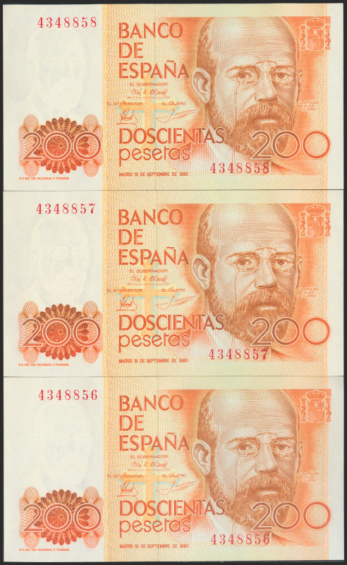 200 Pesetas. 18 de Septiembre de 1980. Trío correlativo. Sin serie. (Edifil 2021...