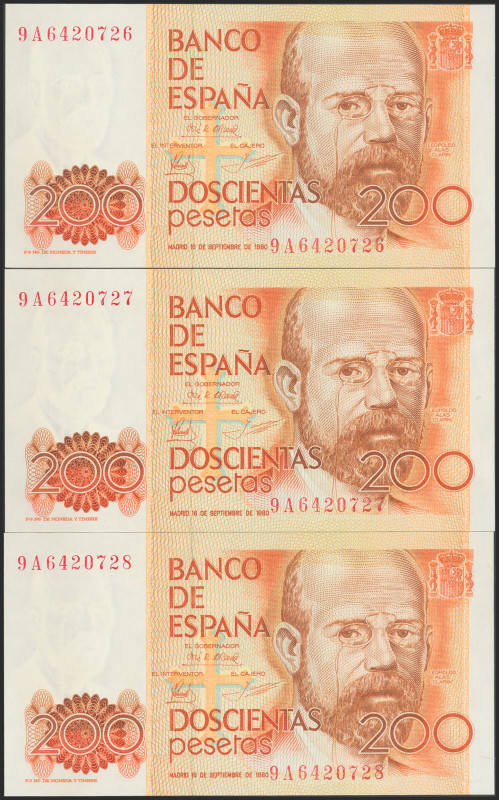 200 Pesetas. 16 de Septiembre de 1980. Trío correlativo. Serie 9A, numeración es...