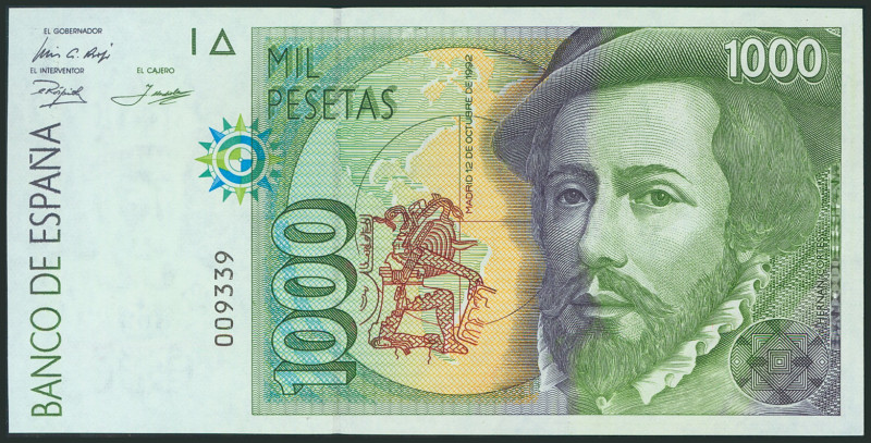 1000 Pesetas. 12 de Octubre de 1992. Sin serie y numeración baja y capicúa imper...