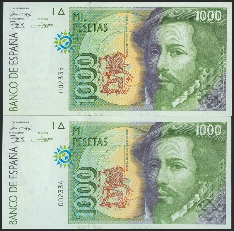 1000 Pesetas. 12 de Octubre de 1992. Pareja correlativa. Tipo I, sin serie y num...