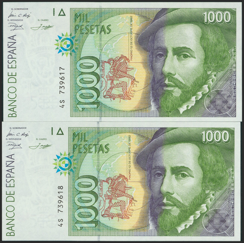 1000 Pesetas. 12 de Octubre de 1992. Pareja correlativa. Serie 4S. (Edifil 2021:...