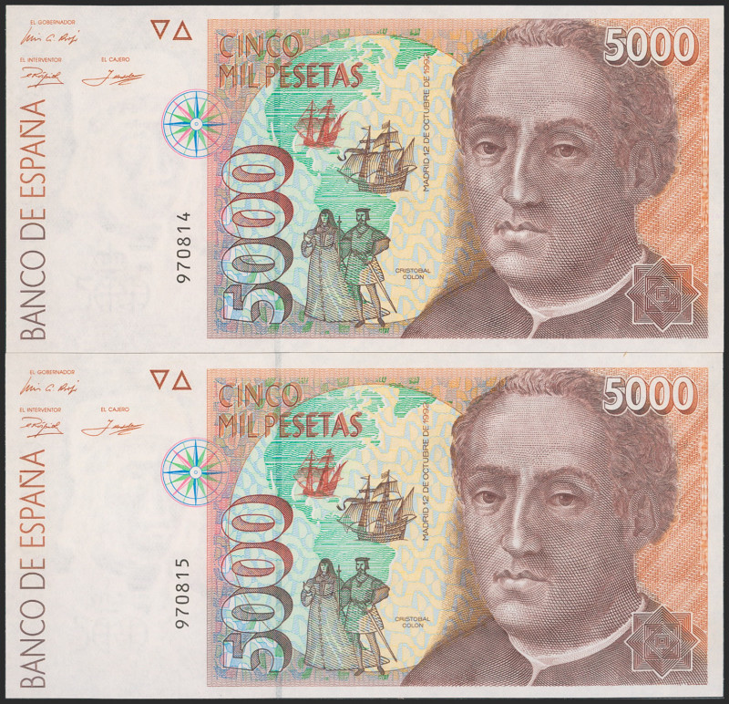 5000 Pesetas. 12 de Octubre de 1992. Pareja correlativa. Sin serie. (Edifil 2021...