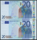 20 Euros. 1 de Enero de 2002. Pareja correlativa (cabe recordar que el último dígito de todos los billetes denominados en euros es para control intern...