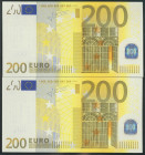 200 Euros. 21 de Enero de 2002. Pareja correlativa (cabe recordar que el último dígito de todos los billetes denominados en euros es para control inte...