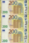 Conjunto de 3 billetes de 200 Euros emitidos en el 2019, con la firma Draghi. Serie N (Austria). No catalogados en Edifil. SC.
