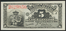 BANCO ESPAÑOL DE LA ISLA DE CUBA. 5 Centavos. 15 de Mayo de 1896. Serie J. (Edifil 2021: 69). Apresto original. SC.
