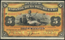 BANCO ESPAÑOL DE LA ISLA DE CUBA. 5 Pesos. 15 de Mayo de 1896. Serie F. Sobrecarga PLATA. (Edifil 2017: 81). EBC.