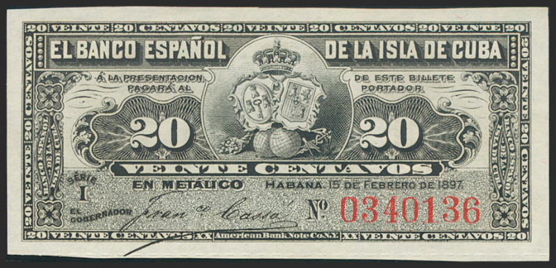 BANCO ESPAÑOL DE LA ISLA DE CUBA. 20 Centavos. 15 de Febrero de 1897. Serie I. (...