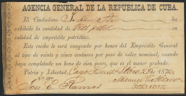 1872. Recibo de la Agencia General de la República de Cuba. Documento que justifica la cantidad de 3 pesos entregados como empréstito patriótico a ser...