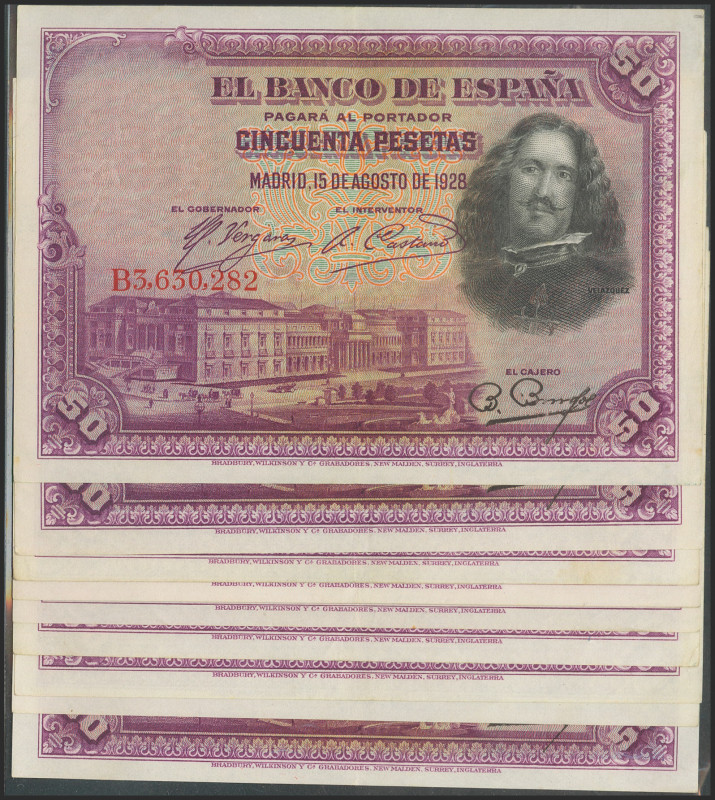 Conjunto de 10 billetes de 50 Pesetas emitidos el 15 de Agosto de 1928, con la s...