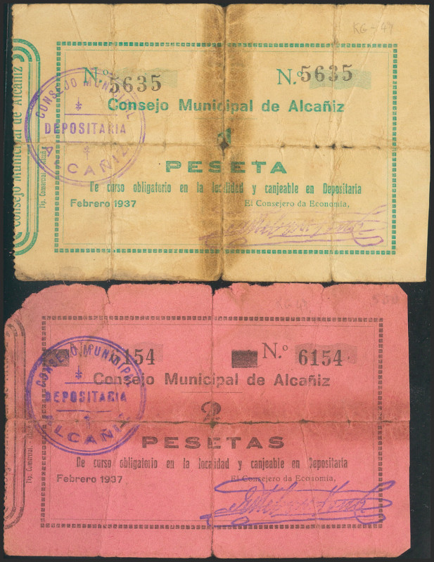 ALCAÑIZ (TERUEL). 1 Peseta y 2 Pesetas. Febrero 1937. (González: 295/96). Serie ...