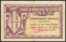 ALCIRA (VALENCIA). 25 Céntimos. Mayo 1938. Serie A. (González: 324). MBC.