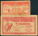 ALCOY (ALICANTE). 25 Céntimos y 1 Peseta. 12 de Julio de 1937. Series A y B, respectivamente. (González: 377, 380). RC/MBC.