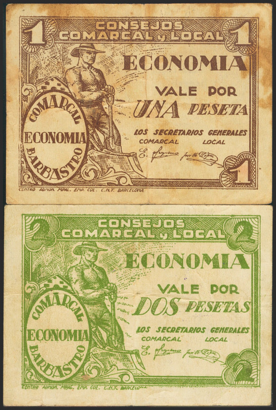 BARBASTRO (HUESCA). 1 Peseta y 2 Pesetas. (1938ca). (González: 883/84). Inusual ...