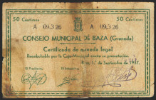 BAZA( GRANADA). 50 Céntimos. 1 de Septiembre de 1937. Serie A. (González: 906). Con presencia de cinta adhesiva. RC+.
