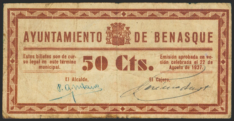 BENASQUE (HUESCA). 50 Céntimos. 22 de Agosto de 1937. (González: 1017). Raro. BC...