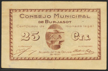 BURJASOT (VALENCIA). 25 Céntimos. 11 de Octubre de 1937. Serie A. (González: 1328). EBC-.