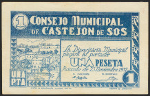 CASTEJON DE SOS (HUESCA). 1 Peseta. 23 de Noviembre de 1937. Serie A. (González: 1753). EBC.