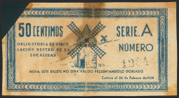 CRIPTANA (CIUDAD REAL). 50 Céntimos. 1 de Septiembre de 1937. Serie A. (González: 2100). Falta en la esquina superior derecha, presencia de cinta de a...