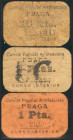 FRAGA (HUESCA). 5 Céntimos (tampón en negro en lugar de violeta), 10 Céntimos y 1 Peseta. (1937ca). (González: 2506, 2509, 2513). Raros. BC+.