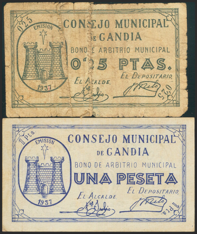 GANDIA (VALENCIA). 25 Céntimos y 1 Peseta. 1937. Serie A, ambos. (González: 2610...