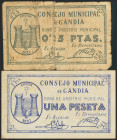 GANDIA (VALENCIA). 25 Céntimos y 1 Peseta. 1937. Serie A, ambos. (González: 2610/11). Serie completa, el 25 cts cosido. BC/MBC+.