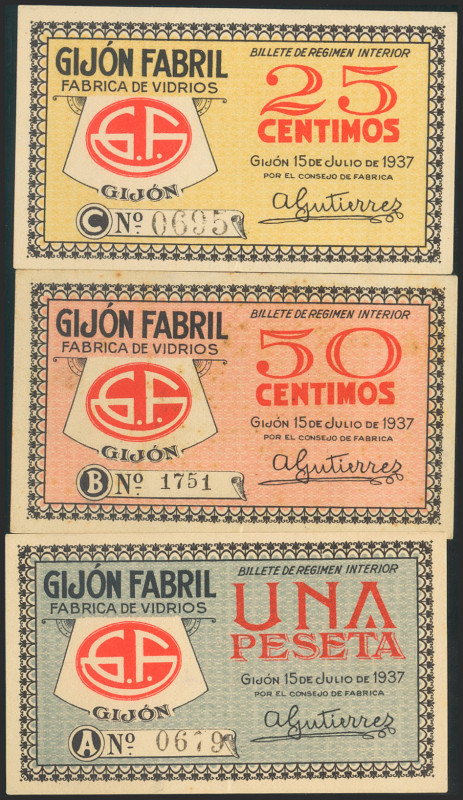 GIJON (ASTURIAS). 25 Céntimos, 50 Céntimos y 1 Peseta. 15 de Julio de 1937. Seri...