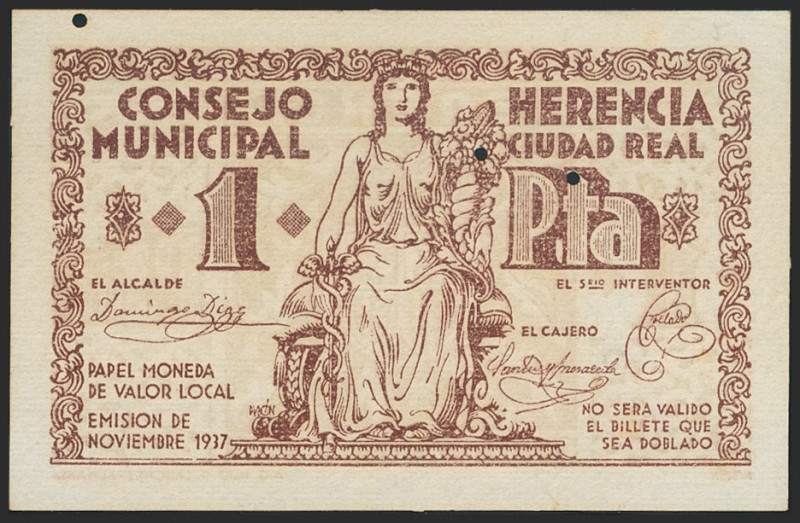 HERENCIA (CIUDAD REAL). 1 Peseta. Noviembre 1937. (González: 2823). Pequeños tal...