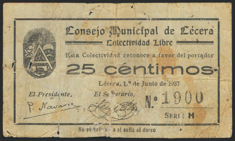 LECERA (ZARAGOZA). 25 Céntimos. 1 de Junio de 1937. Serie H. (González: 3123). I...