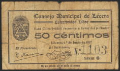 LECERA (ZARAGOZA). 50 Céntimos. 1 de Junio de 1937. Serie G. (González: 3124). Inusual. MBC-.
