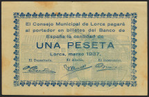 LORCA (MURCIA). 1 Peseta. Marzo 1937. (González: 3230). Inusual. EBC.