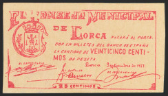 LORCA (MURCIA). 25 Céntimos. Septiembre 1937. (González: 3231). EBC.