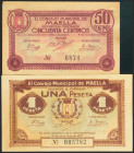 MAELLA (ZARAGOZA). 50 Céntimos y 1 Peseta. 1 de Noviembre de 1937. (González: 3312/13). Inusual serie completa. SC-.