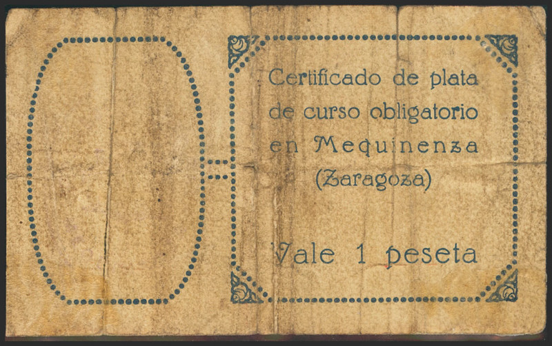 MEQUINENZA (ZARAGOZA). 1 Peseta. 15 de Abril de 1937. (González: 3497). Raro. BC...