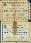 MONTALBAN (TERUEL). 50 Céntimos y 1 Peseta. 1 de Junio de 1937. Serie A, ambos (González: 3618/19). Muy rara, el 1 pts presencia de cinta adhesiva. RC...