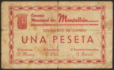 MONTALBAN (TERUEL). 1 Peseta. 1 de Junio de 1937. Serie B. (González: 3621). Raro. MBC.