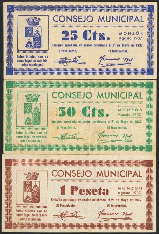 MONZON (HUESCA). 25 Céntimos, 50 Céntimos y 1 Peseta. Agosto 1937. (González: 36...