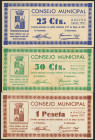 MONZON (HUESCA). 25 Céntimos, 50 Céntimos y 1 Peseta. Agosto 1937. (González: 3677/79). Rara serie completa. SC/EBC-.