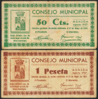 MONZON (HUESCA). 50 Céntimos y 1 Peseta. Agosto 1937. Serie A. (González: 3681, 3682). MBC.