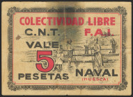 NAVAL (HUESCA). 5 Pesetas. (1937ca). (González: 3813). Muy raro, presencia de cinta adhesiva. BC.