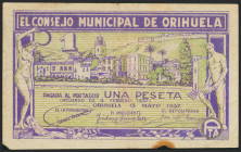 ORIHUELA (ALICANTE). 1 Peseta. 13 de Mayo de 1937. (González: 3994). MBC-.