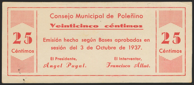 POLEÑINO (HUESCA). 25 Céntimos. 3 de Octubre de 1937. (González: 4223). Raro y m...