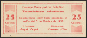 POLEÑINO (HUESCA). 25 Céntimos. 3 de Octubre de 1937. (González: 4223). Raro y más en esta calidad. SC-.