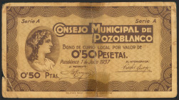 POZOBLANCO (CORDOBA). 50 Céntimos. 1 de Julio de 1937. Serie A. (González: 4286). Con presencia de cinta adhesiva. BC-.