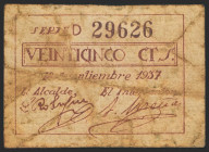 PUERTOLLANO (CIUDAD REAL). 25 Céntimos. 1 de Septiembre de 1937. Serie D. (González: 4400). Inusual. BC.