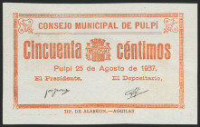 PULPI (ALMERIA). 50 Céntimos. 25 de Agosto de 1937. Sin numeración. (González: 4413). EBC+.